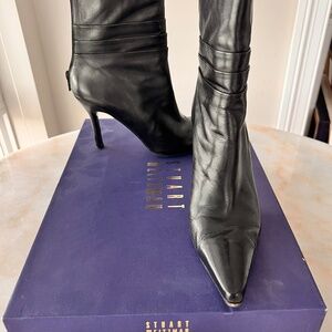 Stuart Weitzman Black Leather Pointed Toe Booties Heels Sz 7 Classic Chic